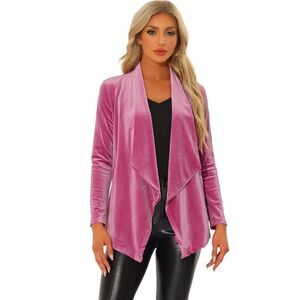 Shawl Collar Pocket Open Front Velvet Cardigan Pink